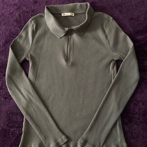 Zara Gray Fitted Long Sleeve Polo Zipper  Down